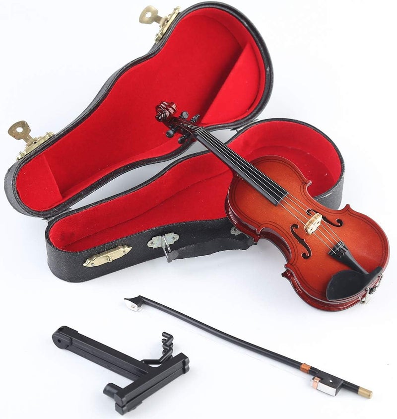 Dselvgvu Miniature Violin with Stand,Bow and Case Mini Musical Instrument Miniature Dollhouse Model Home Decoration (3.15"x1.18"x0.59") - Image 1